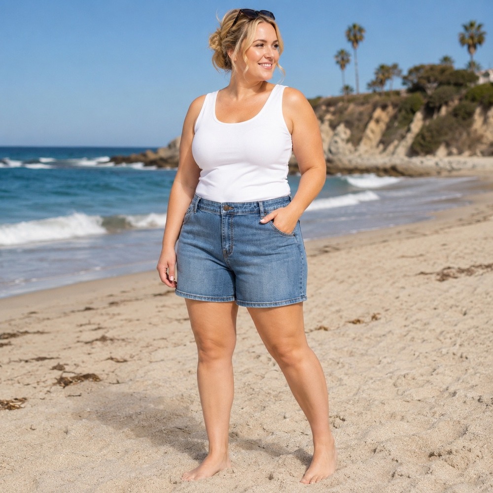 Lane Bryant White Tank Top & Light Blue Denim Shorts